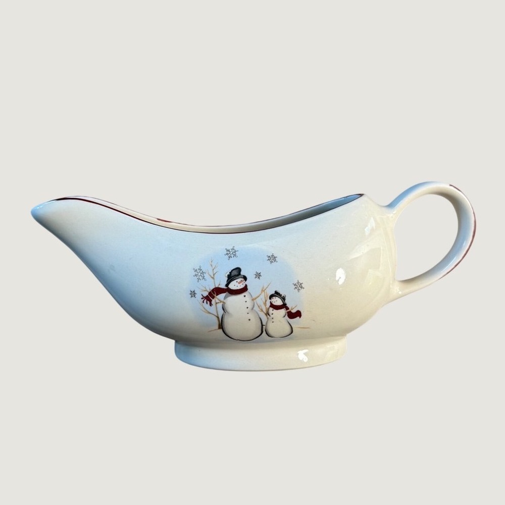 Snowman Family Ceramic Gravy Boat Holiday Winter Christmas Tableware Cream Red